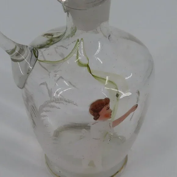 Antique Hand Blown Glass Vinegar Decanter Painted Angel Child Cruet Stopper VTG